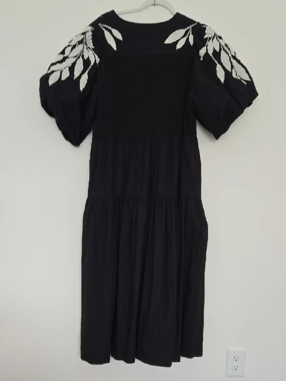 Anthropologie Black Embroidered V-Neck Puff Sleeve Cotton Dress Boho chic 2X - Picture 4 of 9